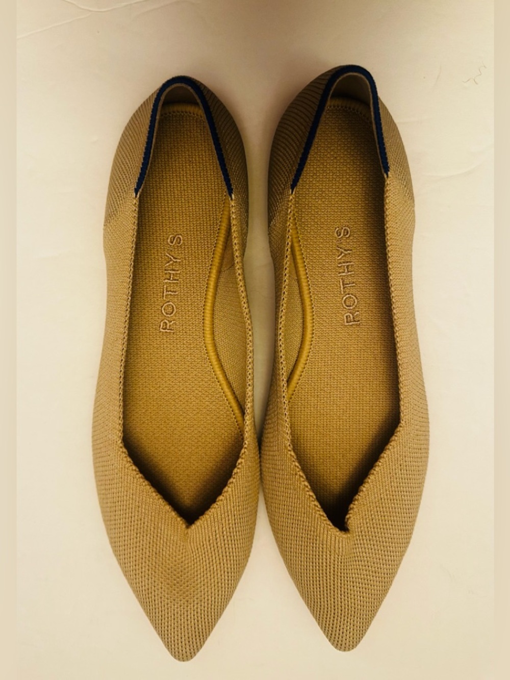 Rothy's The Point II Knit Ballet Flats in Tan with Navy Trim